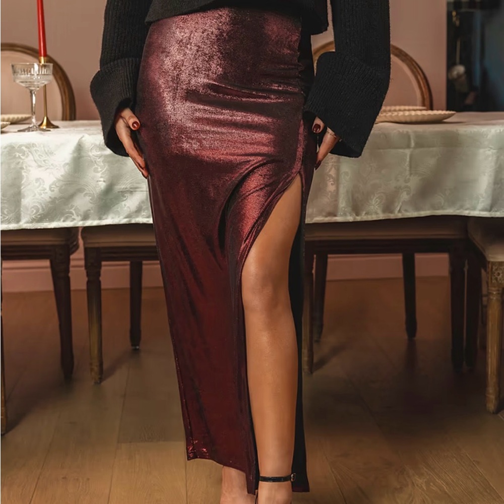 Cupshe Burgundy Wine Maxi Stretchy Skirt with Slit